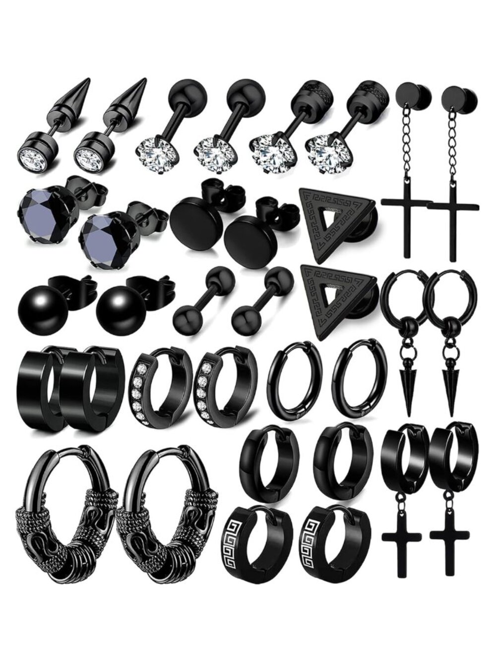 17 Pairs Stainless Steel Earrings Set for Men - Studs Hoops Dangle Piercing